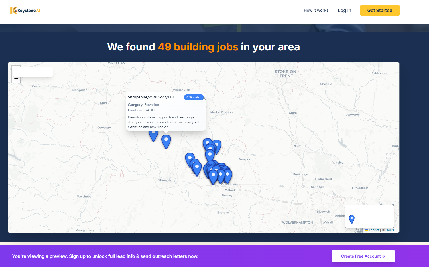 Keystone Trade Leads dashboard showing planning permissions on an interactive map with 49 building jobs found in the Shropshire area